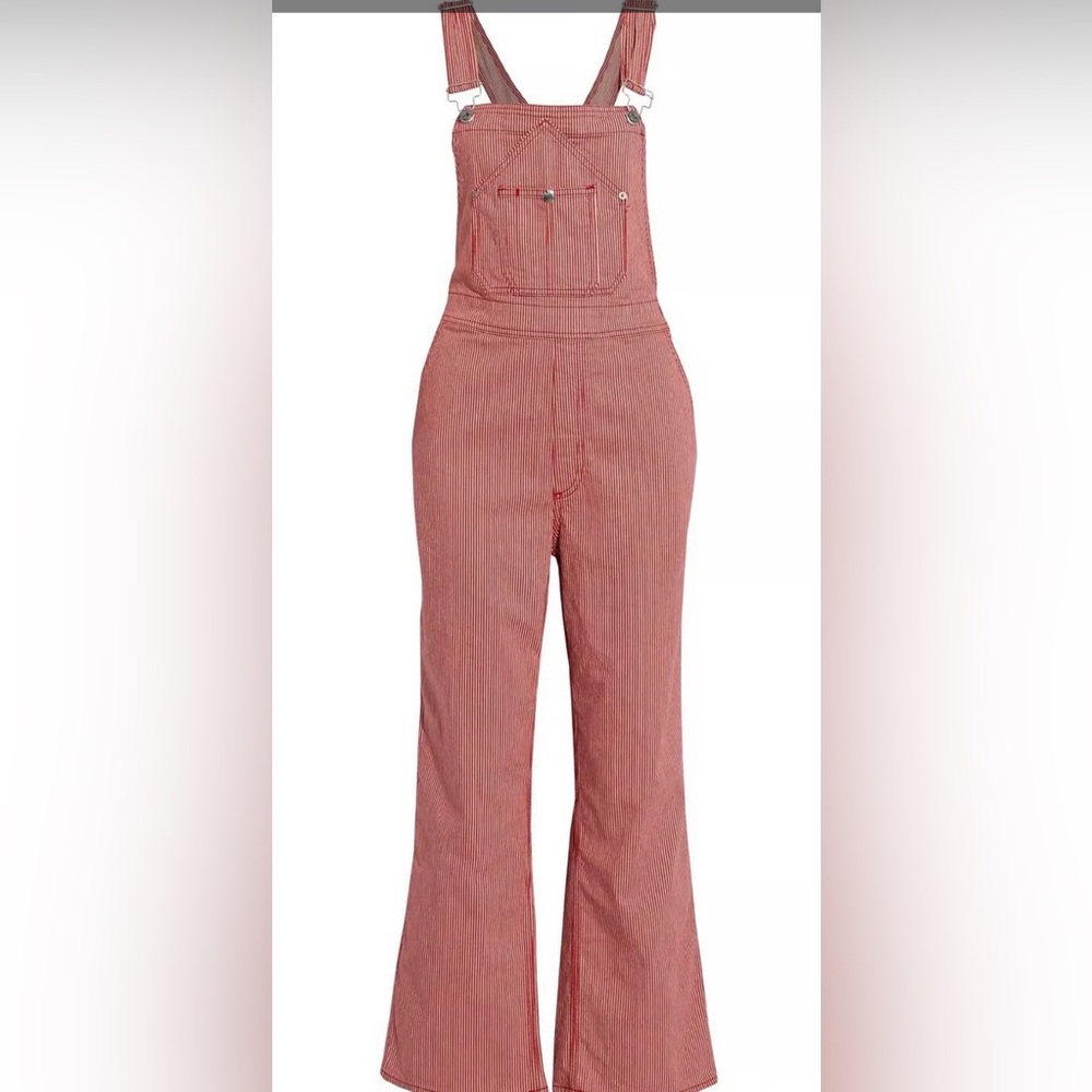 NWT RAG & BONE Striped Cotton Blend Twill Overalls in Red. Size Small